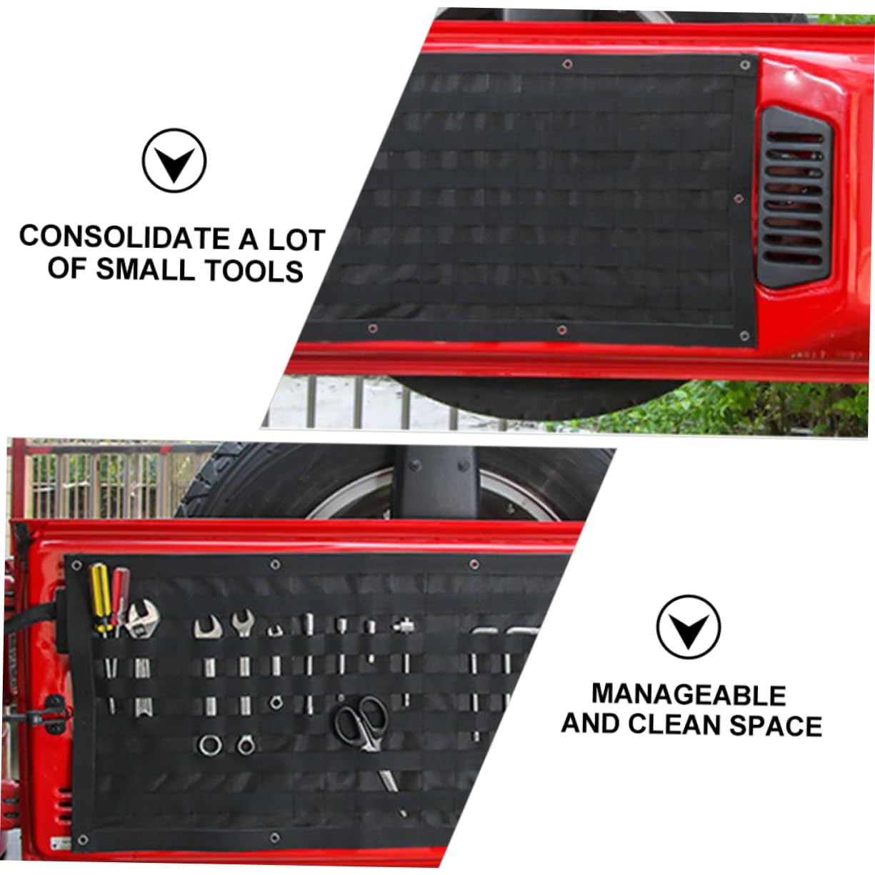 Borsa Organizer per Portellone, Nylon Nero, Accessorio Auto | Tasca Posteriore per Cellulare e Kit Utensili, Finiture Curate, Kit per Modifica Veicolo