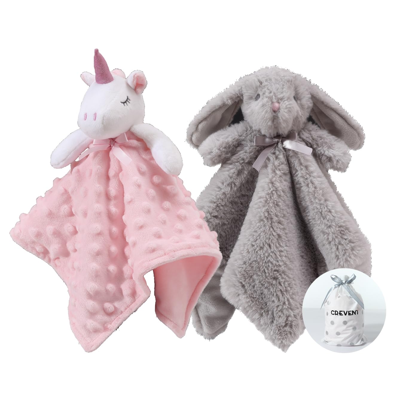 CREVENT Cozy Plush Baby Security Blanket, Loveys for Baby Girls and Boys, Birthday (Unicorn + Bunny)