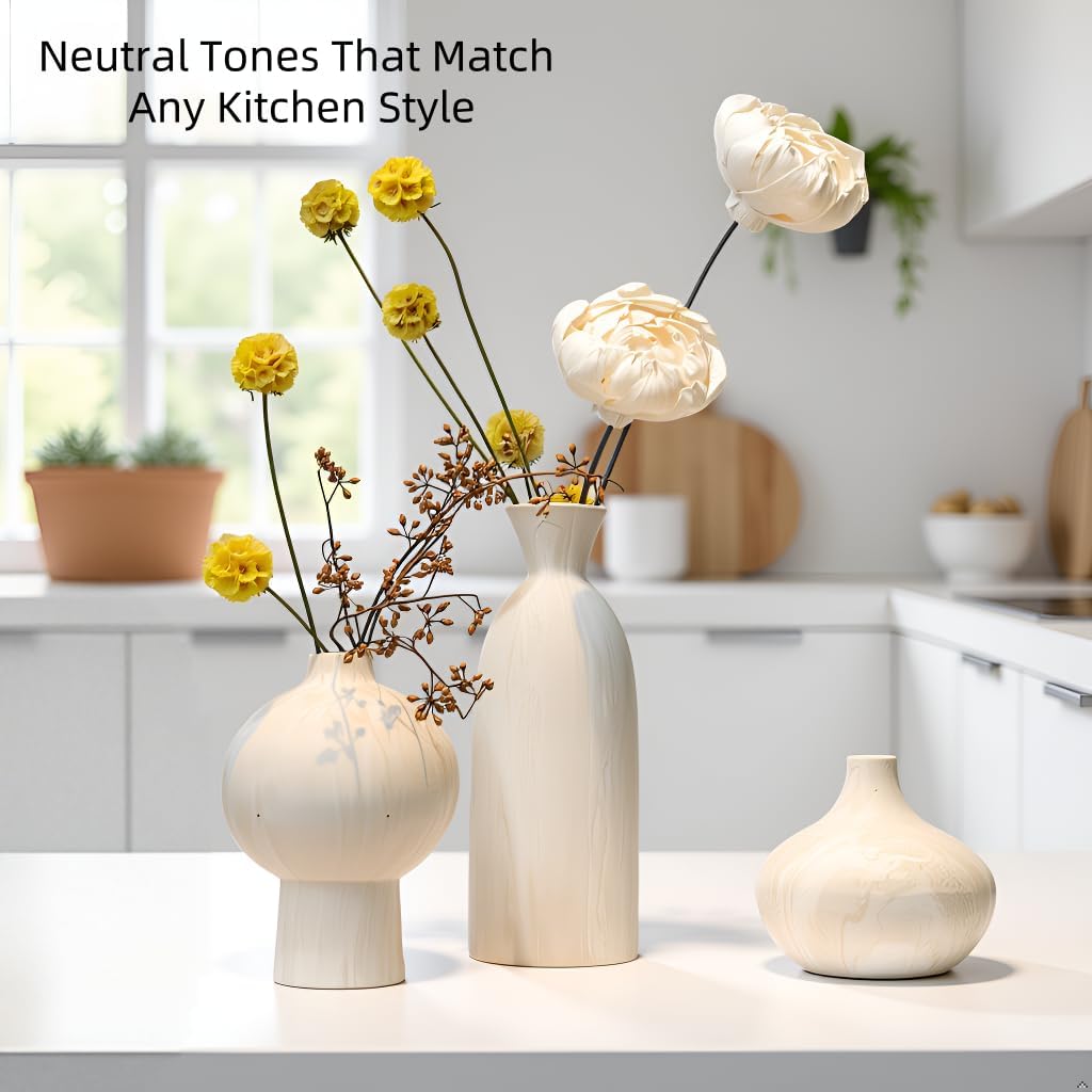 White Ceramic Vase Set of 3 in Beige, Modern Aesthetic Stone-Look Textured Pottery Vases for Shelf & Bookshelf Home Decor, Neutral Minimalist Decorative Vases for Flowers & Pampas Grass - Image 7