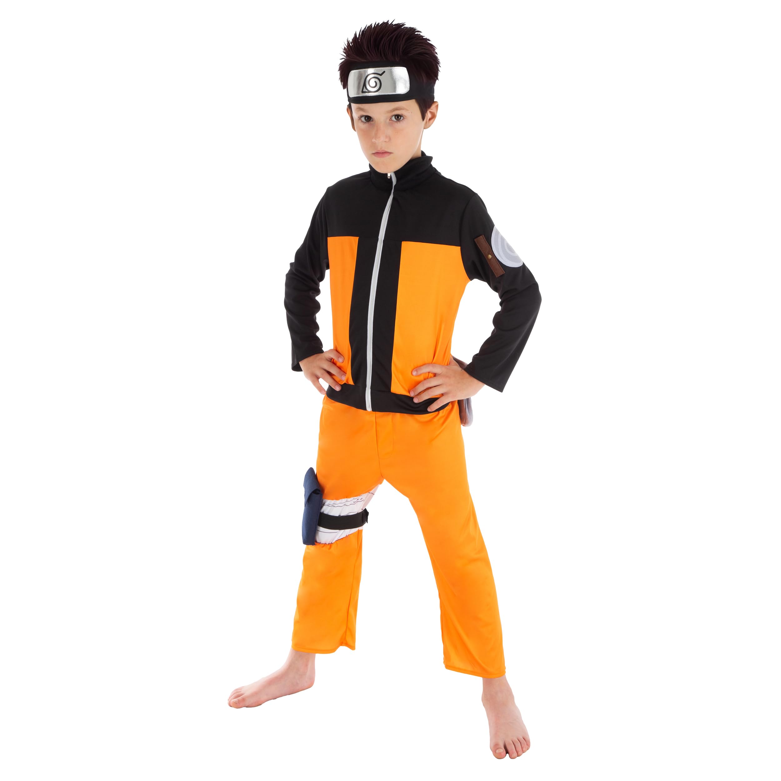 Chaks - Disfraz de Naruto para niño, atuendo de cosplay de anime | Traje oficial de Naruto, conjunto de 5 piezas con camiseta, pantalones, pañuelo, riñonera y rodillera, para carnaval