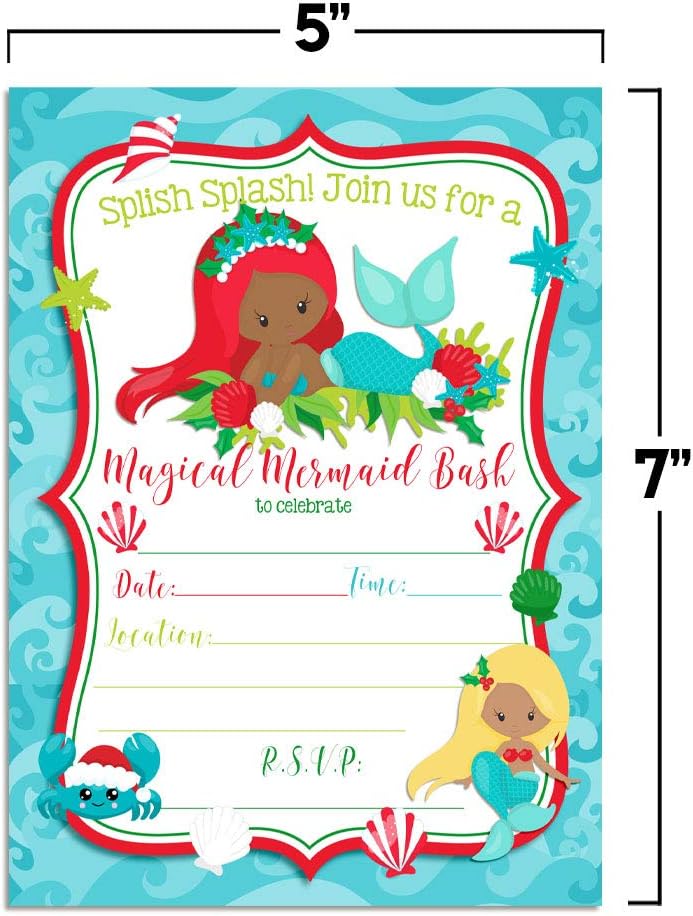 Christmas Holiday Mermaid Bash with Dark Complexions Birthday Party Invitations, 20 5"x7" Fill In Cards with Twenty White Envelopes by AmandaCreation