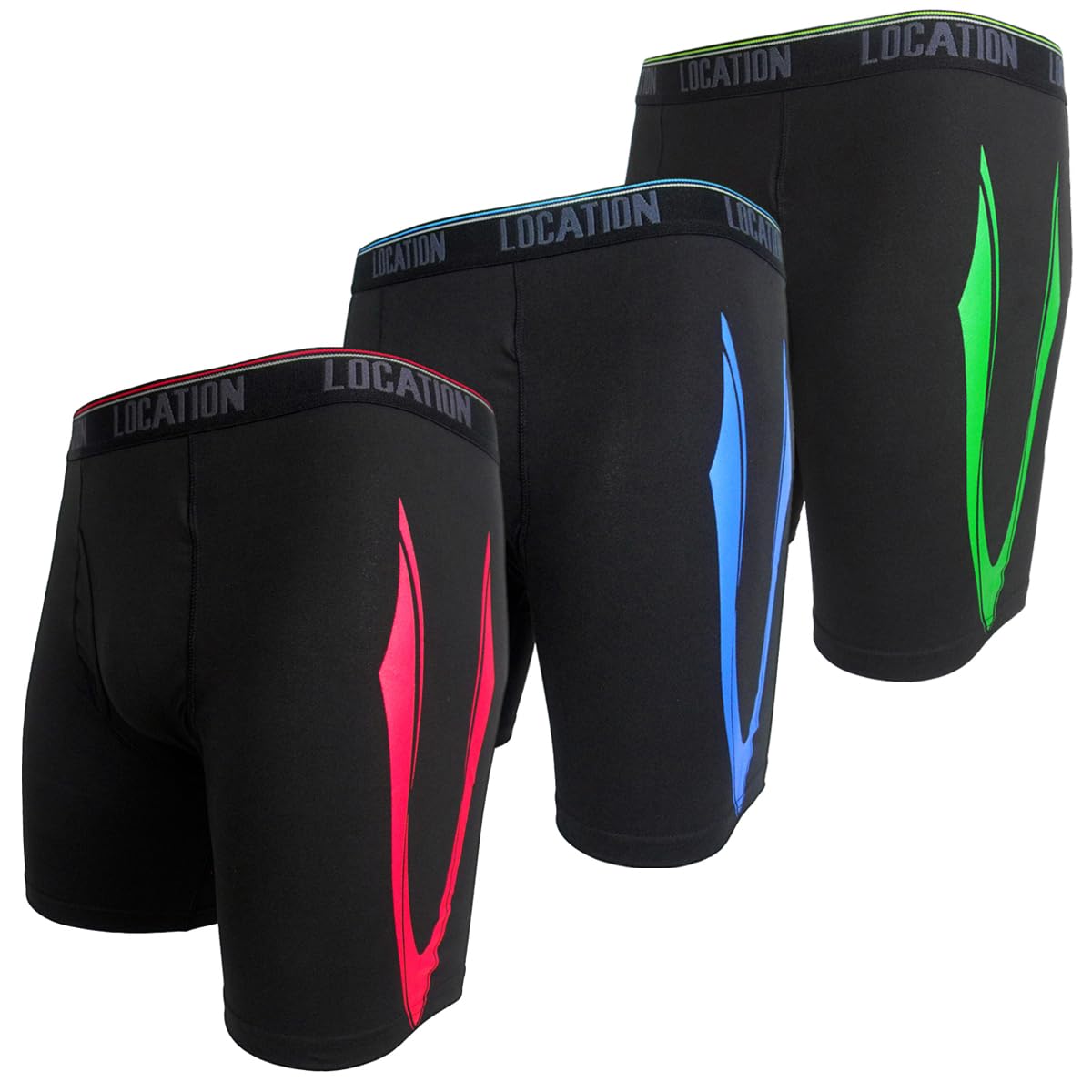 Mens Location Boxers 3 Pack Sports Longer Leg Trunks Boxer Shorts Adults Stretch Underwear Blue Green Red Pattern (Challenger 2, 3XL)