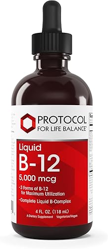 PROTOCOL FOR LIFE BALANCE Liquid B-12 5,000mcg - Soporte del sistema nervioso - con vitaminas B - Líquido de vitamina B vegano y sin lácteos - 4