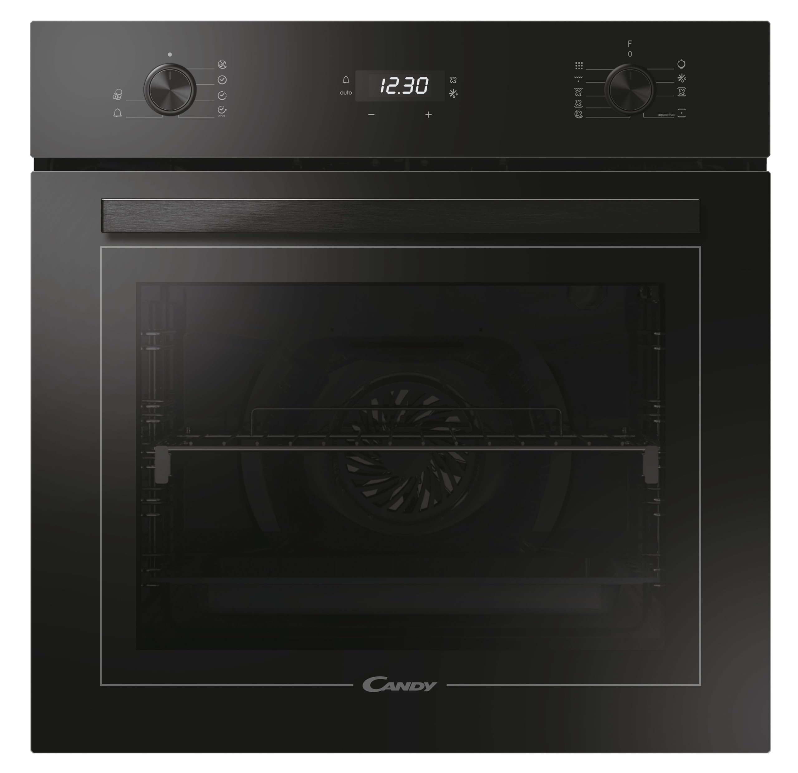 Candy FMBC 896S / Einbaubackofen mit Heißluft / 70 L/Pyrolyse Selbstreinigung mit Aquactiva/Versenkbare Knebel/Display mit Touch-Bedienung/Timer/Uhr / 9 Programme/Schwarz