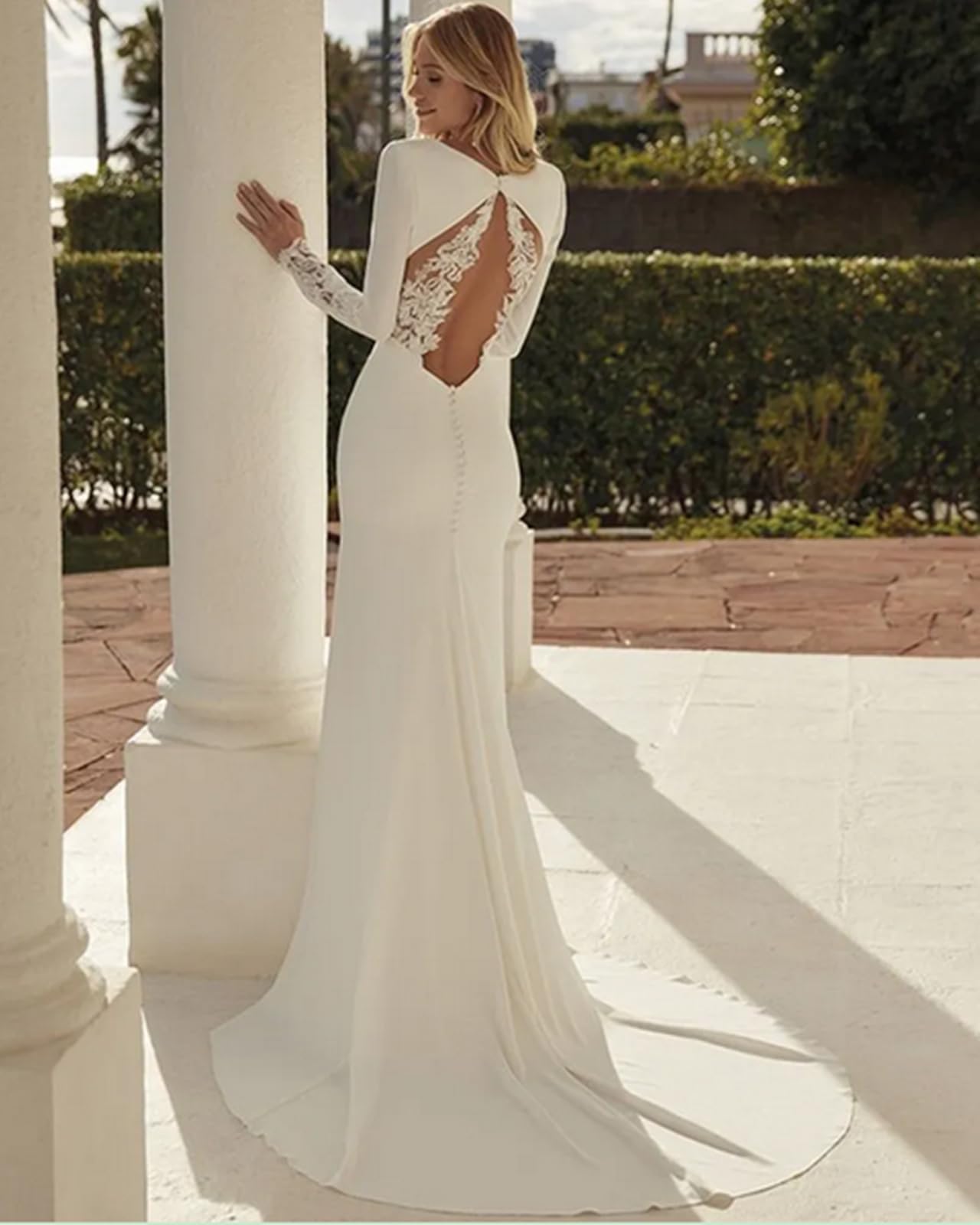 TSxuelian Abito da sposa a sirena a maniche lunghe da donna in raso abiti da sposa musulmani aperti sul retro