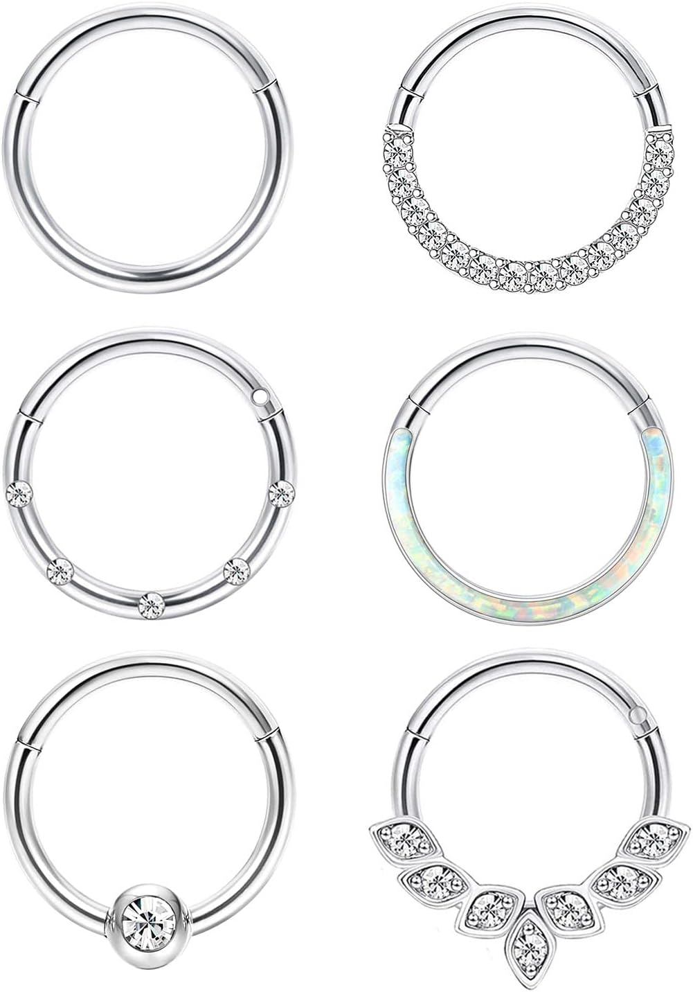 6Pcs 16G 18G Septum Rings Surgical Steel Nose Rings Hoop for Women Opal CZ Daith Cartilage Hoop Earring Clicker Septum Jewelry Hinged Hoop Nose Ring Lip Helix Rook Tragus Piercing Jewelry