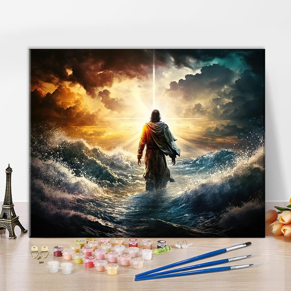 TUMOVO Jesus Paint by Numbers Kit, Figure of Jesus Walks on Water on Beautiful Sunset Paint by Numbers for Adults Kids with Brushes and Pigment, Oil