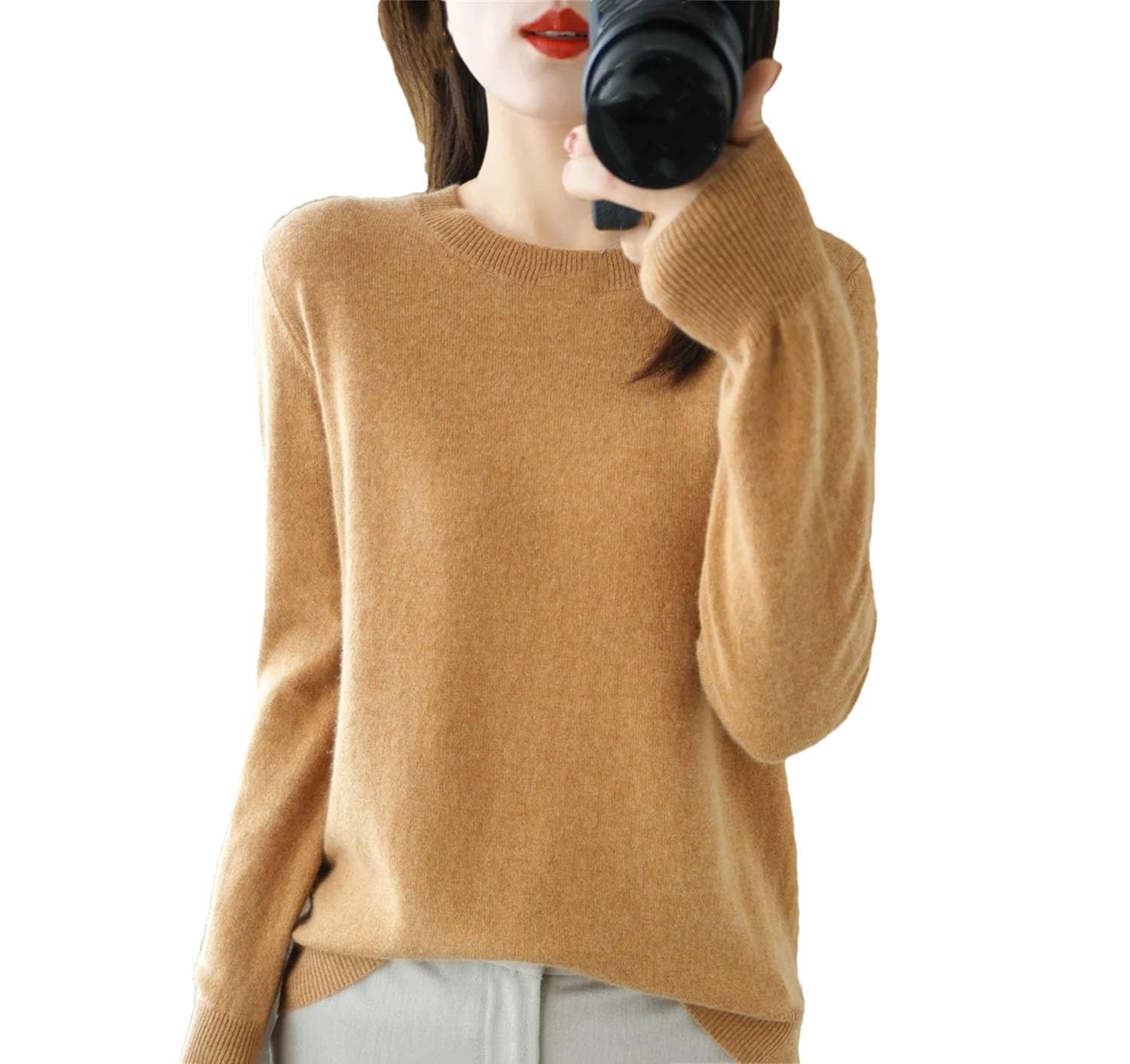 Maglione da donna in lana con scollo rotondo, a maniche lunghe, casual, largo, lavorato a maglia, morbido e comodo