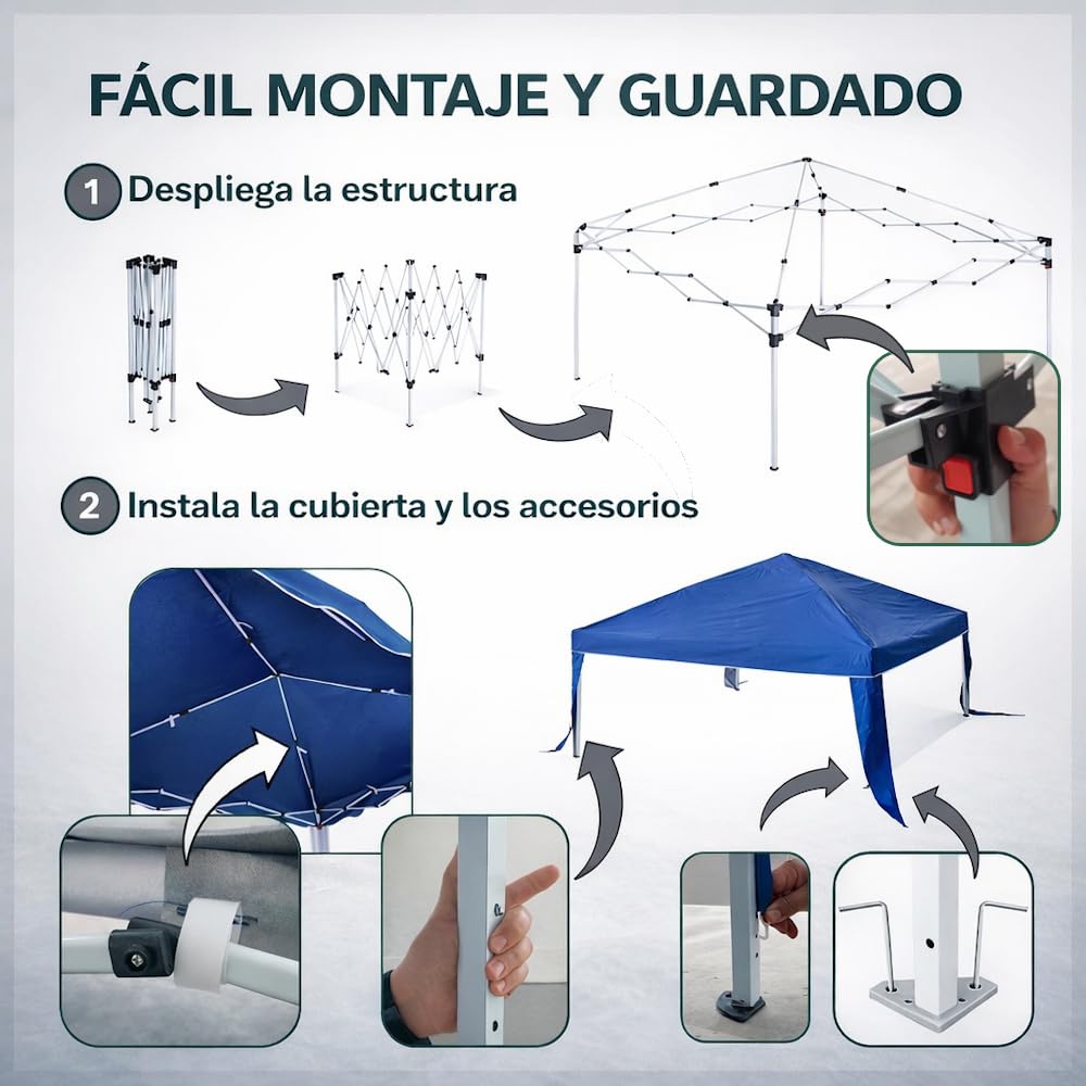 Carpa Cenador Gazebo Plegable 3 x 3 m Azul | Mejores Tubos de Acero de Alta Resistencia Plegables, Antiviento, Protección UV, Bolsa de Transporte| para Playa, Camping, Jardín, Terraza, Exteriores