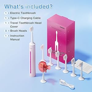 Sonic Electric Toothbrush with 8 Brush Heads for Adults & Kids 3+, Type-C Rechargeable Toothbrush with Cover Cap, 5 Adjustable Modes, SmarTimer, IPX7 Waterproof, One Charge for 180 Days, Light Pink