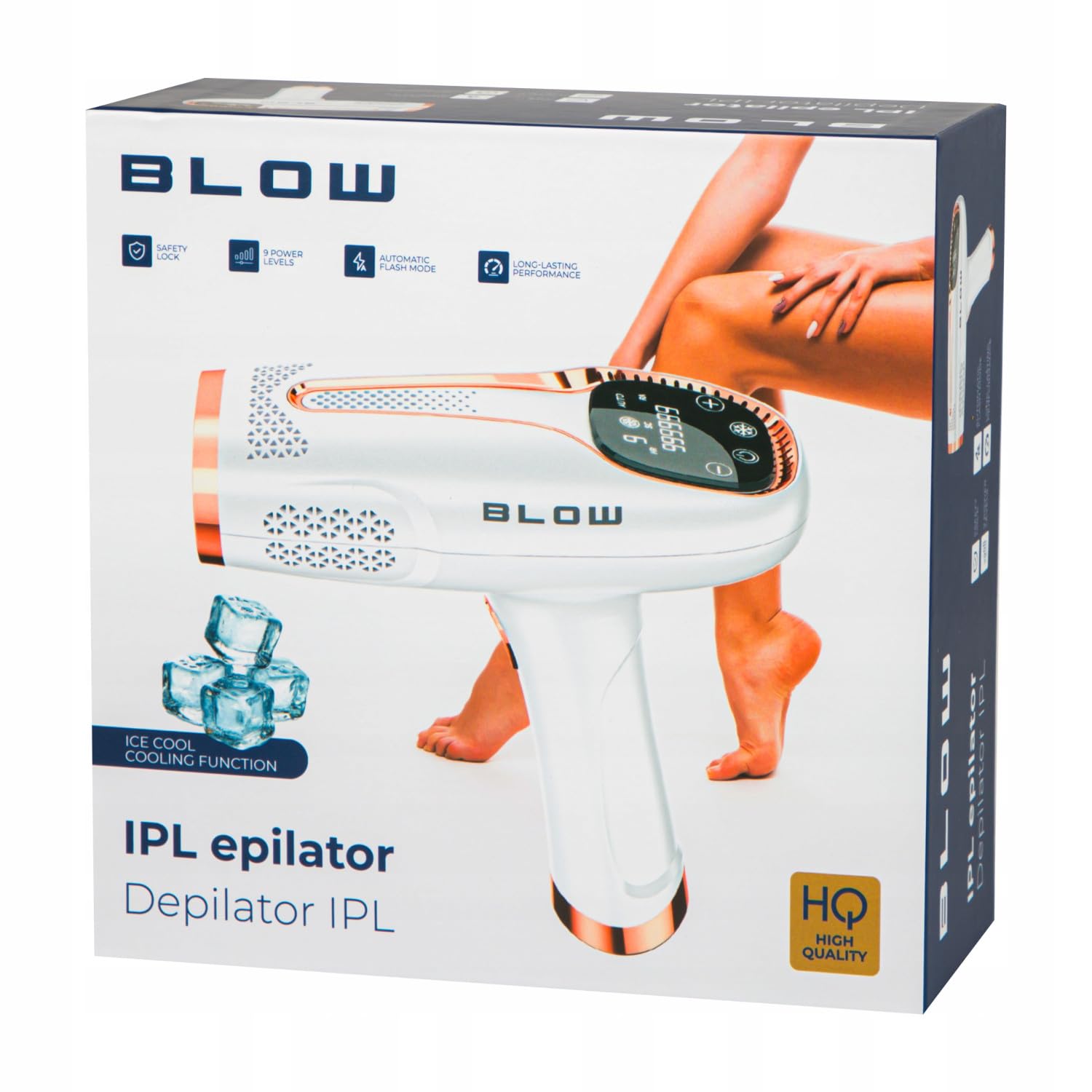 Depilator BLOW Ice Cool IPL – 9 poziomów intensywności, technologia światła pulsacyjnego, trwałe usuwanie włosów, 1 000 000 impulsów, chłodzenie do -6°C, filtr UV, tryb automatyczny
