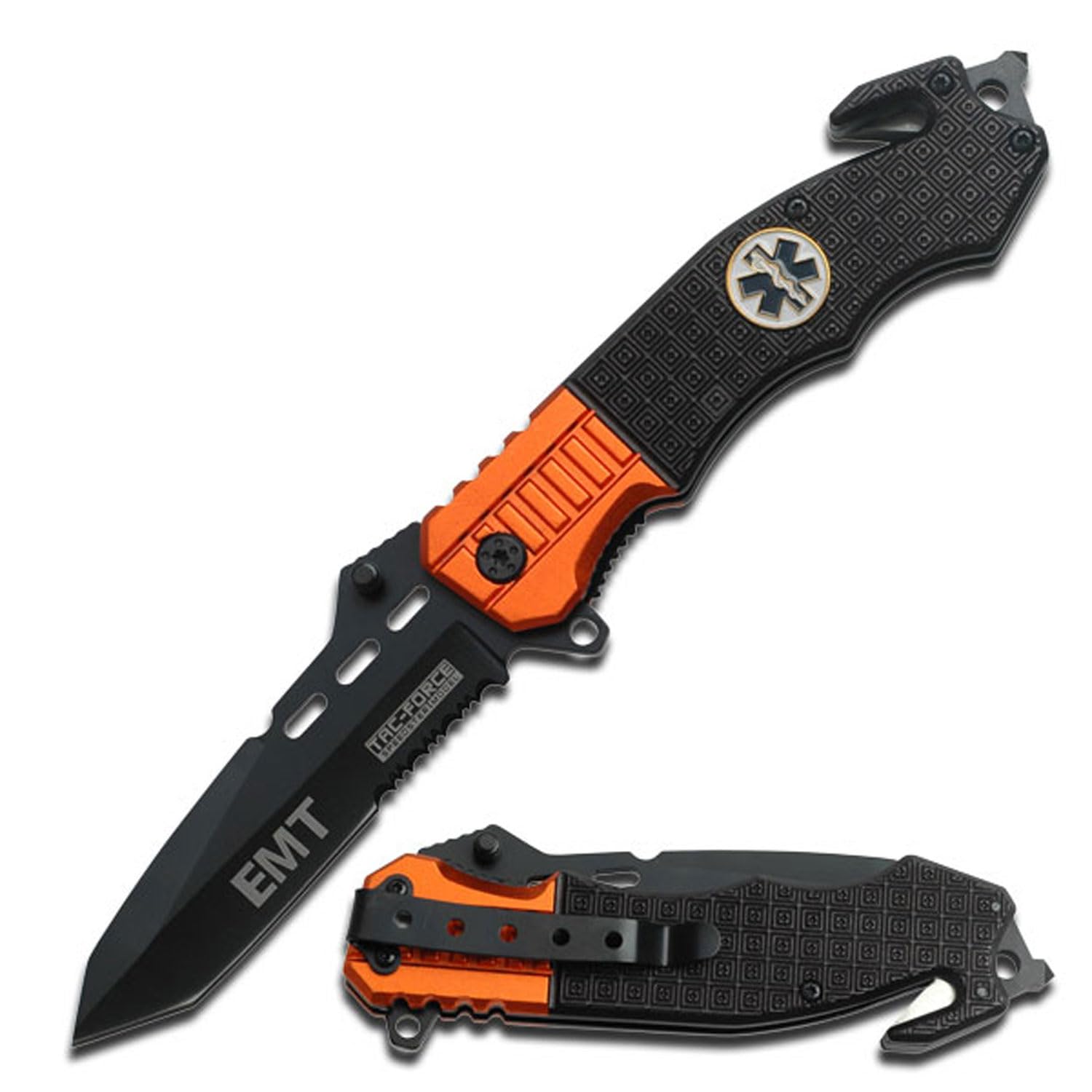 8.25" Tactical Folding Pocket Knife – 3.25" Stainless Steel Half-Serrated Tanto Blade – Emergency Glass Breaker & Seatbelt Cutter – Aluminum Handle with Medallion & Pocket Clip (Black & Orange)