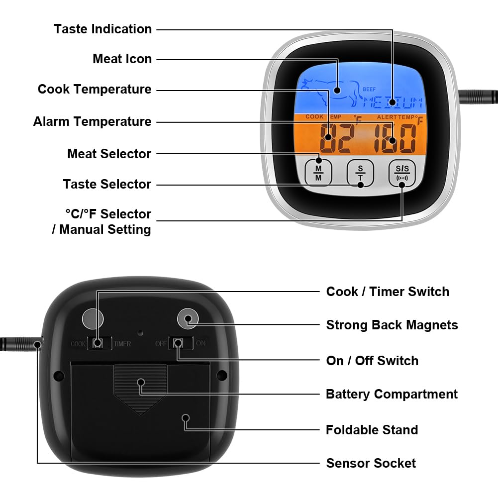 BBQ Digitales Thermometer mit 5 Garstufen, Barbecue Thermometer in Weiss, Fleischthermometer, LED-Touchdisplay Digitales BBQ Thermometers mit Timer zum Grillen und Kochen – Bild 3