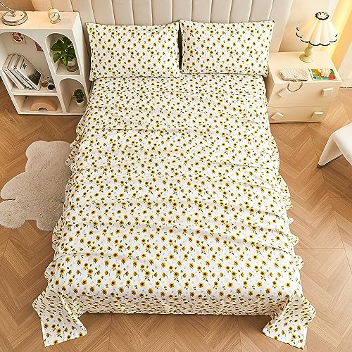 Image of Softan Floral Twin Size Sheet Set, Sunflower Printed Bed Sheets for Kids Girls, 3-Piece Microfiber Fitted Sheet with 15 inch Deep Pocket & Non-Slip Straps, Patterned Bedding Sheets & Pillowcase Set
