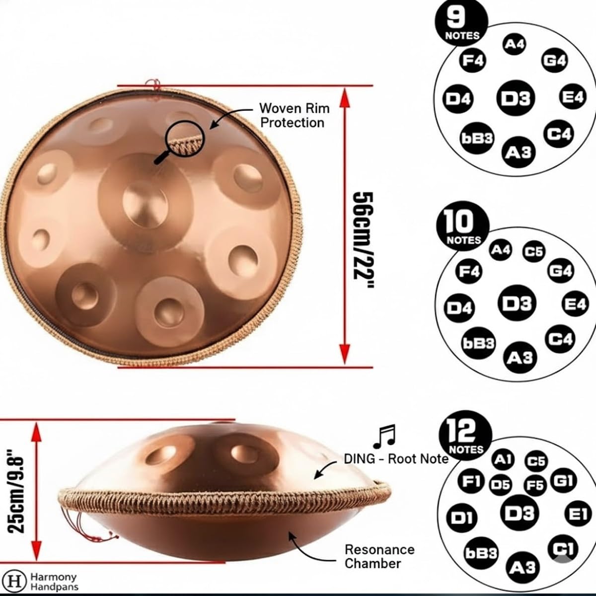Hand Pan, Steel Handpan Drum, 18/22" D Minor Kurd 440Hz 9/10/12 Note, con Custodia, Supporto, 2 Bacchette, Adesivi per Note Musicali, per Principianti, Meditazione(D'argento,440HZ/22inch/14Note)