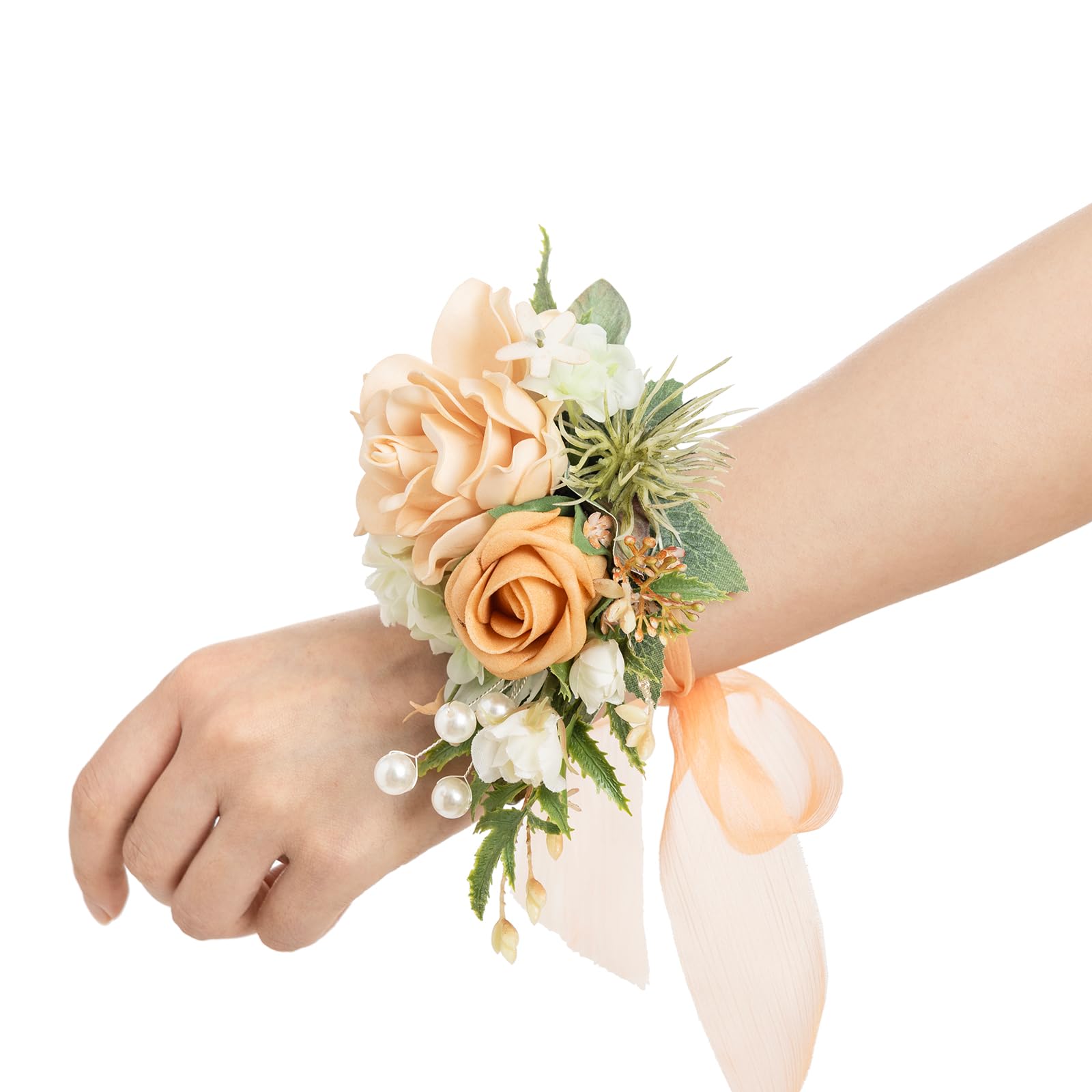 Ling's moment 2er Set Gelb, Orange & Pfirsich Handgelenk-Bouquet, Künstliche Blumen für Hochzeit | 2 Stück, künstliche Blumen, Mädchen/Mutter, Heimkehr/Hochzeits-Armbanddekoration
