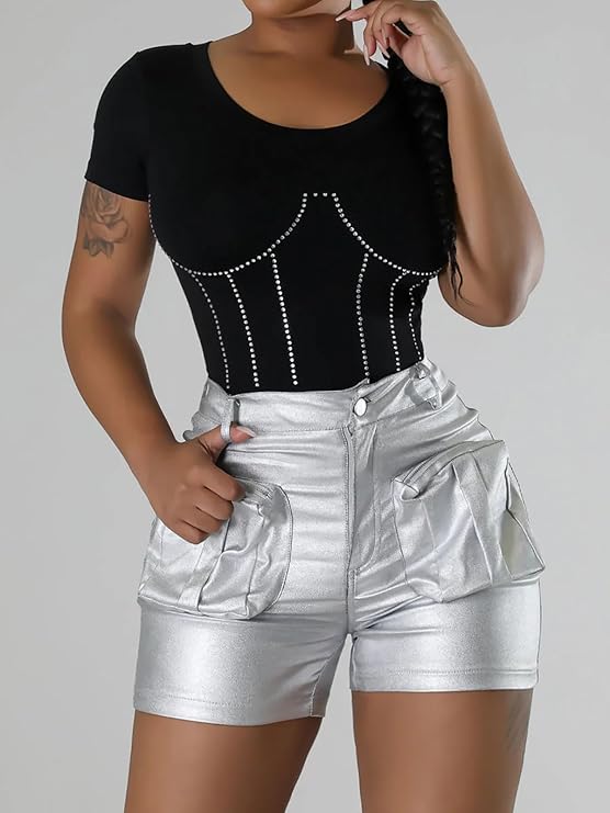 Silver Faux Leather Shorts | Sexy High-Waisted Cargo Shorts for Women