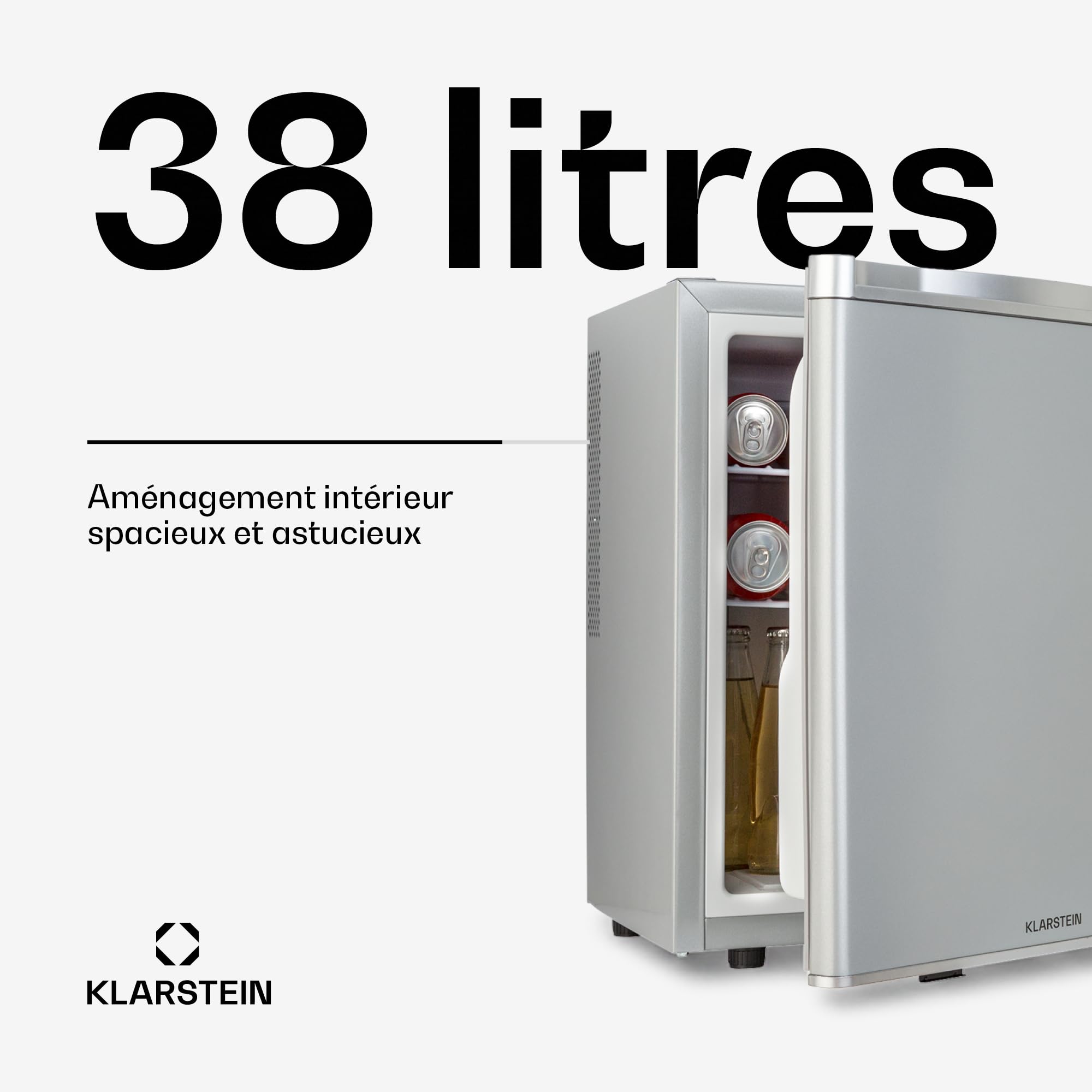 KLARSTEIN mini réfrigérateur silencieux pour chambre, boissons, snacks et cosmétiques, étagères réglables