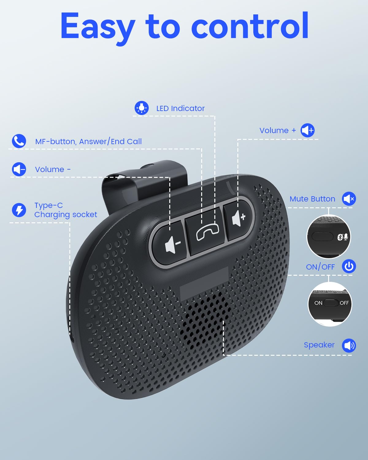 ANSTEN Manos Libres Bluetooth 5.0 para Coche con Micrófono Incorporado, Compatible con GPS, Música, Llamadas, iOS Siri y Asistente de Voz