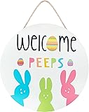 Easter Welcome Wreath, Cute Bunny Happy Easter Signs for Front Door, Wooden Decorations Home Decor Porch Window Wall Farmhouse Indoor Outdoor