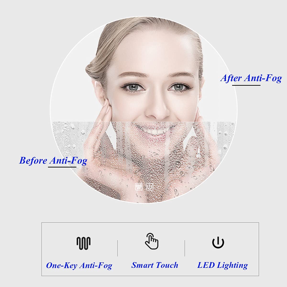 Okrągłe lustro łazienkowe z podświetleniem LED, lusterko do makijażu z podświetleniem Smart LED, wodoodporne lustro ścienne IP44, inteligentny podwójny przełącznik dotykowy, funkcja przeciwm