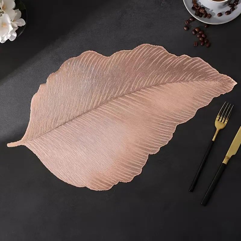 Image of Dakshya Industries PVC Waterproof Leaf Shape Table Placemat Set of 2 - Premium Rose Gold Dining Table Mats | Heat Resistant, Non-Slip, Washable Decorative Table Mat for Kitchen & Dining (Copper)
