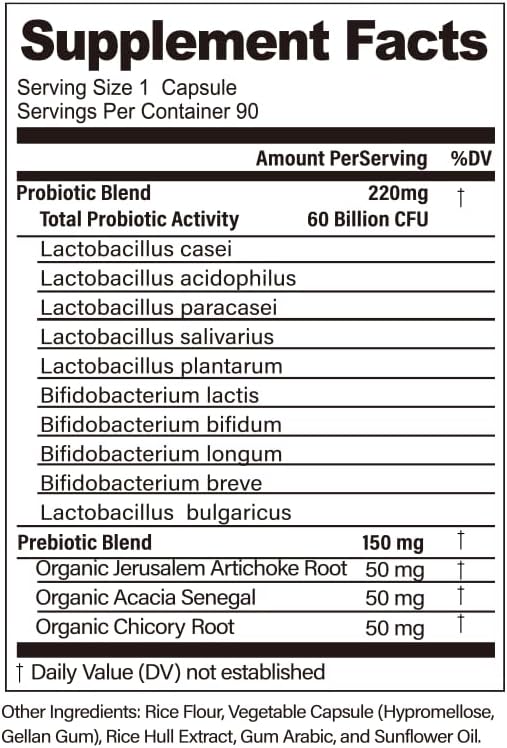 Miniatura 2 de Probiotic 60 Billion CFU Capsules for Women Men 90 Capsules, Daily Digestive Health Supplement, Supports Gut Balance Weight Loss, 3 Organic