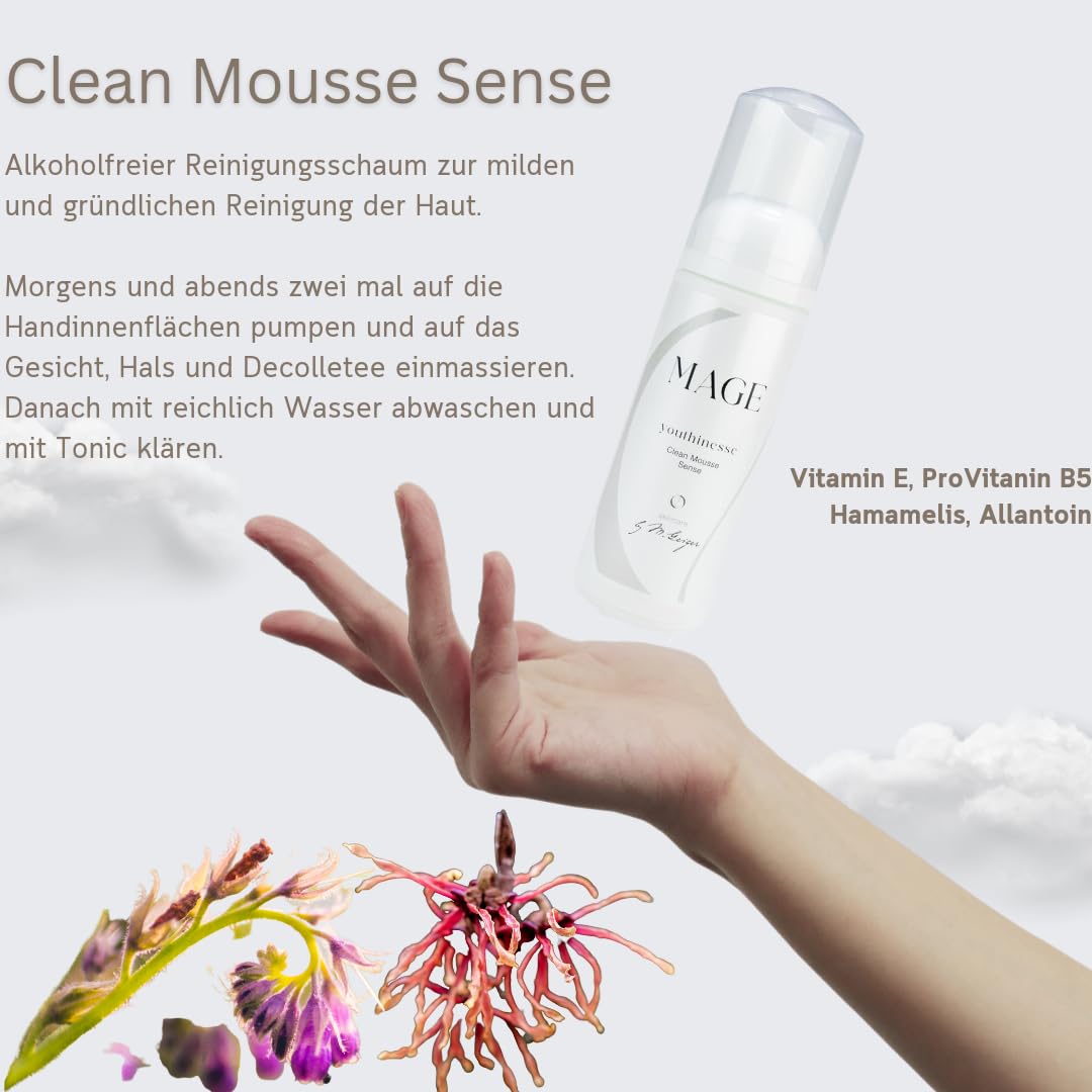 MAGE Clean Mousse Sense - Espuma limpiadora facial para limpiar la piel limpia y uniforme, cuidado facial limpiador, eliminación de maquillaje e imperfecciones, vegano, fabricado en Alemania