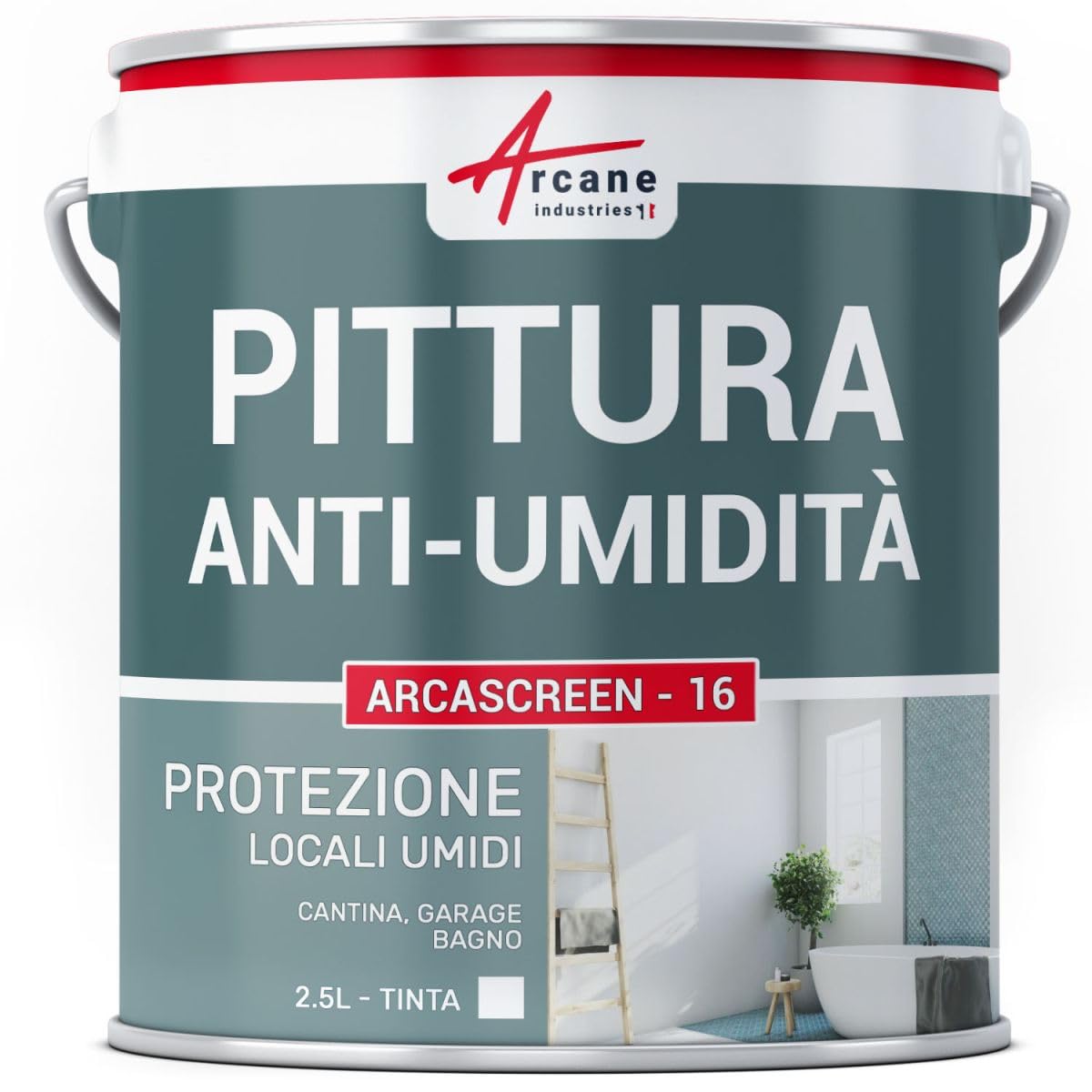 Pittura Anti Umidità per Bagno e Cantina 2,5 L (fino a 10 m²) | Pittura Antiumidità Microporosa, Barriera Stagna, Bagno, Cantina, Muri, Calcestruzzo e Intonaco - Arcane Industries