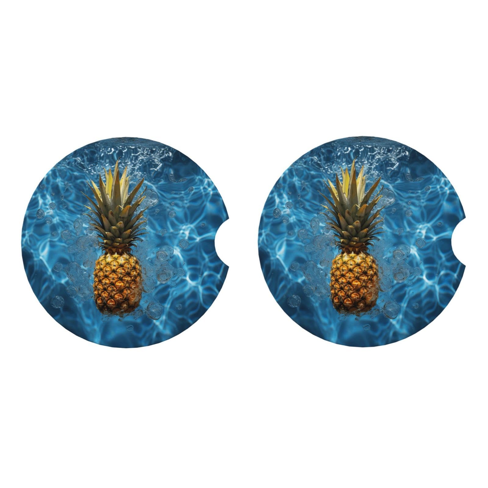 Ceramic Coasters for Drinks White Drink Coasters with Metal Holder Pineapple in the pool Ceramic Coaster Set of 2 Tabletop Protection Mat for Home Decor
