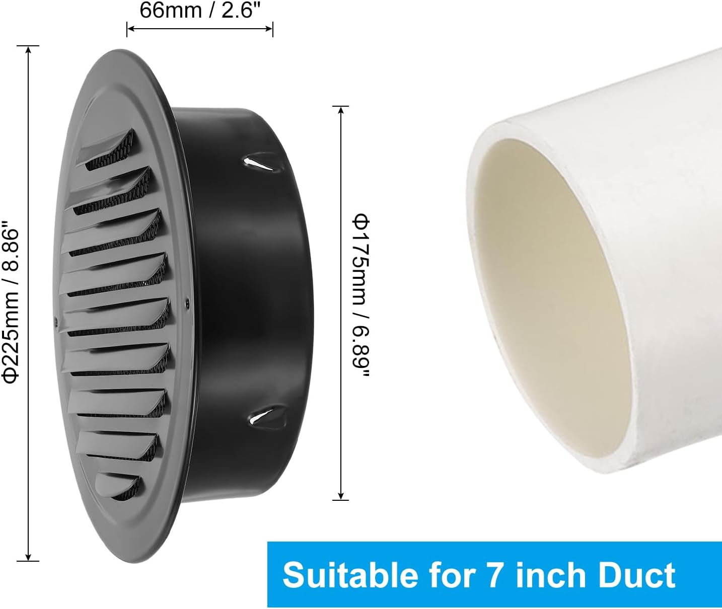 PATIKIL 7" Round Air Vent Cover, 2pcs Stainless Steel Louvered Wall Inlet Outlet Grill Screen Mesh Ducting Soffit Vent with Screws for Ventilation, Black
