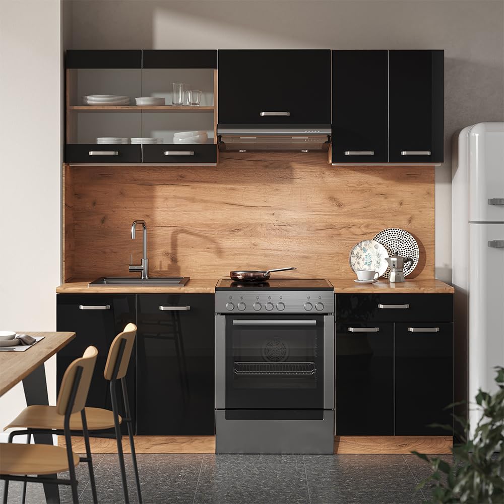 Vicco Cuisine R-Line, Noir Brillant/Chêne doré, 200cm