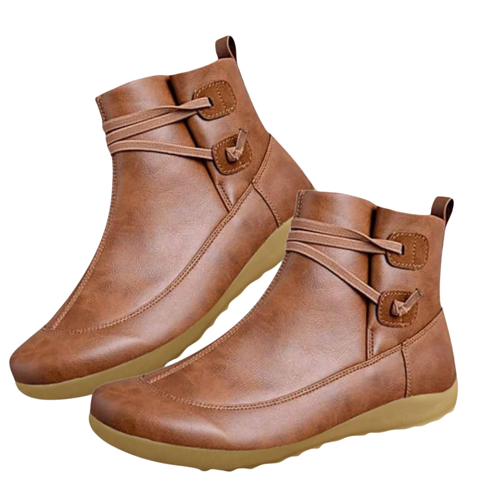 Womens Arch Support Ankle Boots Fashion No Heel Lace Up Side Zip Flat Booties Vintage Leather Booties Comfortable