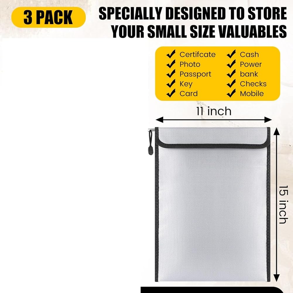 Borsa per Documenti Ignifuga e Impermeabile 15" X 11" (2000° F), Confezione da 3 con Zip, Protezione da e Acqua per Denaro, Contante e Passaporto.