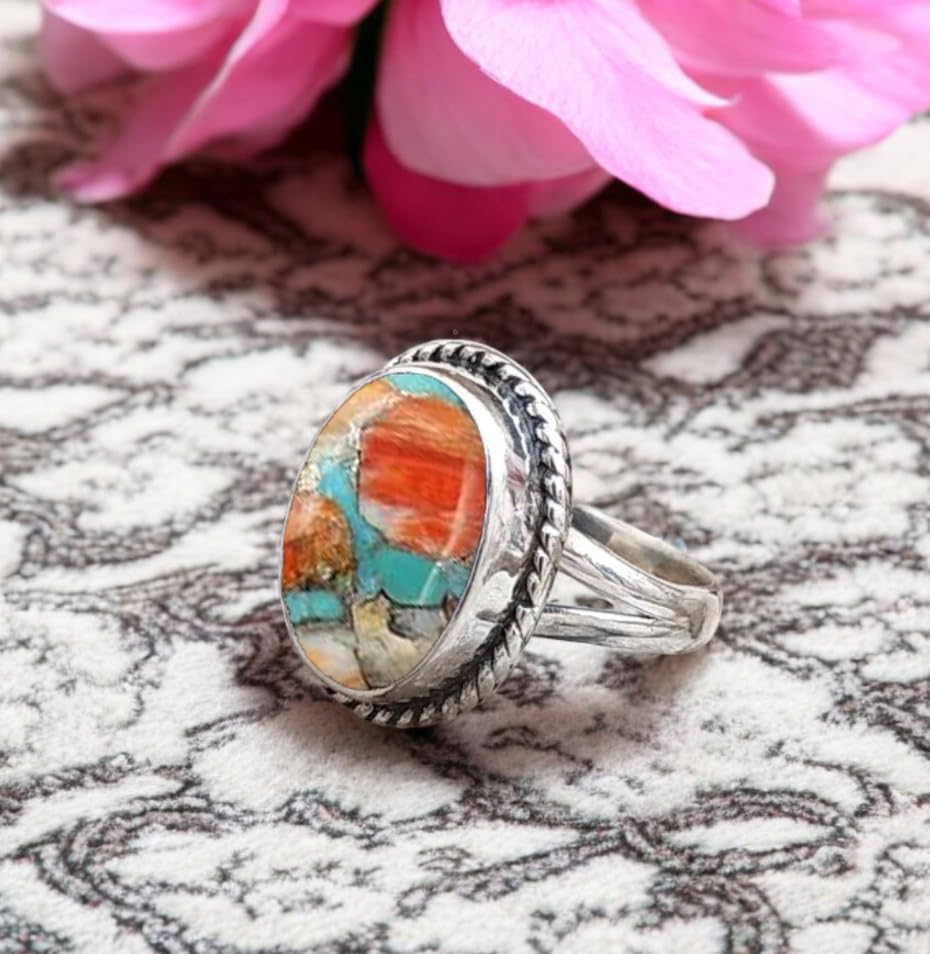 Spiny Oyster Copper Turquoise Ring 925 Sterling Silver Handmade Multicolor Gemstone Ring For Women Perfect Oval Shape Turquoise Jewelry Engagement Anniversary Unique Gift For Her3