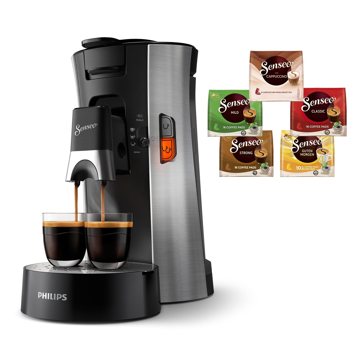 Philips Senseo Select Kaffeepadmaschine Bundle mit 66 Kaffeepads, 3 Kaffeespezialitäten, Memo-Funktion, Crema Plus, Intensität Plus, aus recyceltem Plastik, 0,9L, Gebürsteter Stahl (CSA250/10)