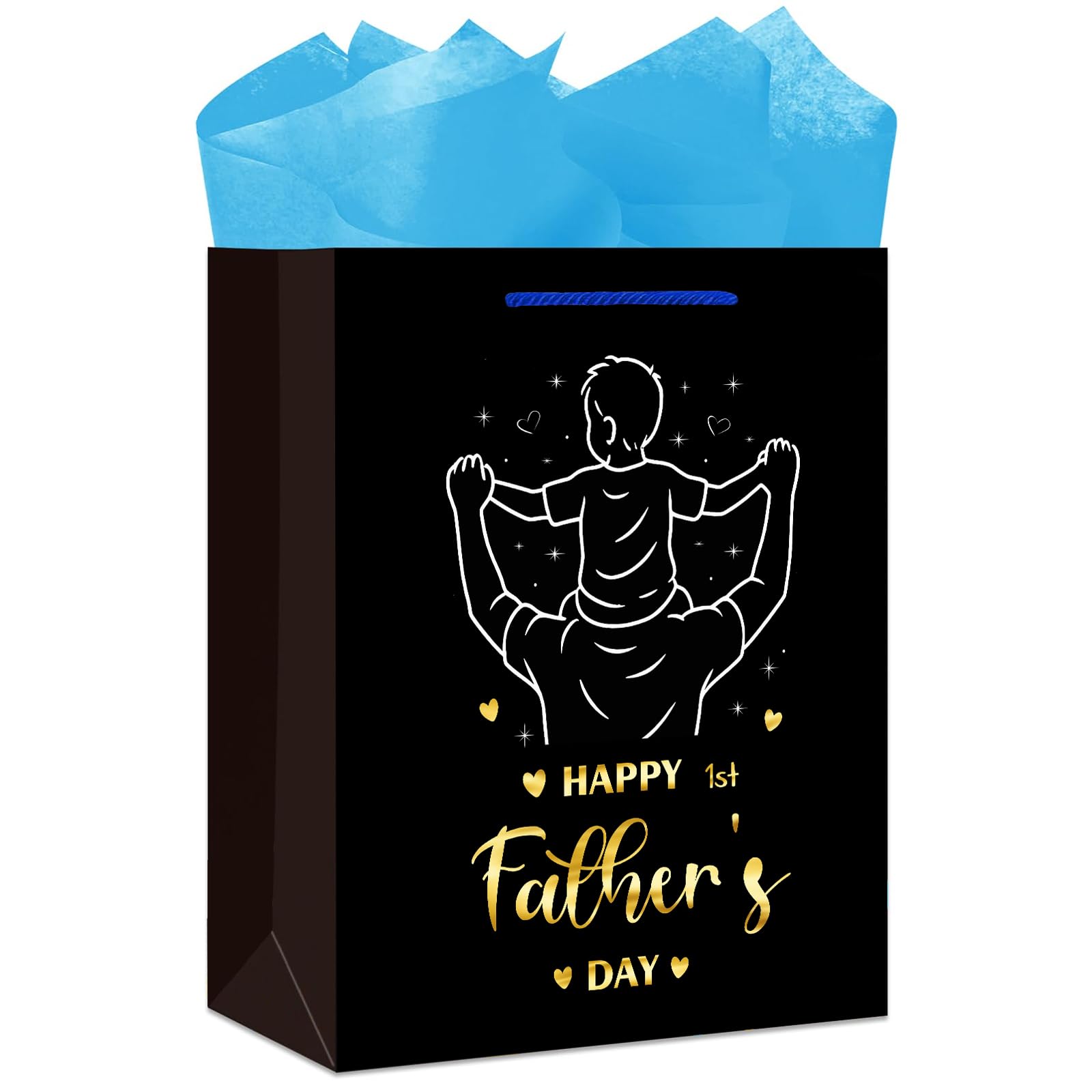 JUESMOS First Fathers Day Gift Bag with Tissue Paper 13" Large Happy 1st Fathers Day Paper Bag with Handle Fathers Gifts for New Dad First Time Dad