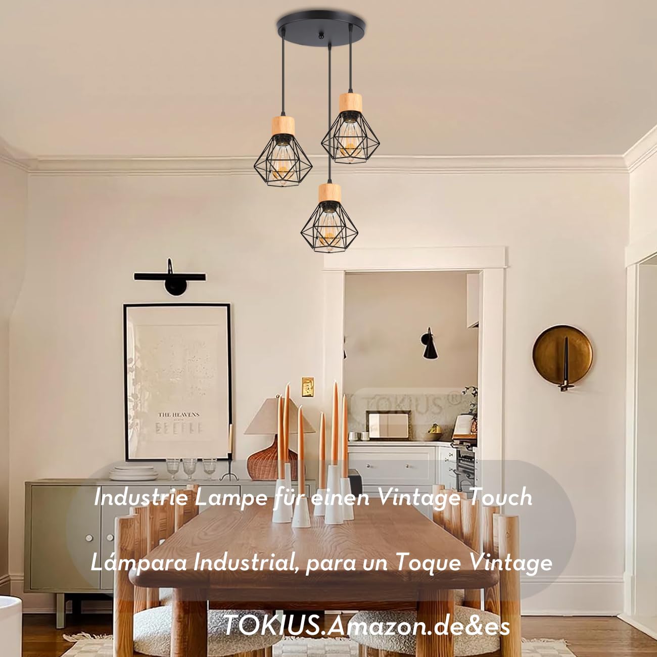 Pendelleuchte Vintage Industrial 16CM Hängelampe mit Geometrischem Design E27 Lampe aus Holz Eisen Käfig Lampenschirm Schwarz Hängeleuchte für Esstisch Küche (Pendellampe 3-flammig, Rondell)