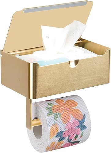 VIJAY SENO Soporte de pared dorado para papel higiénico y toallitas (perforaciónadhesivo), soporte de papel higiénico con almacenamiento de