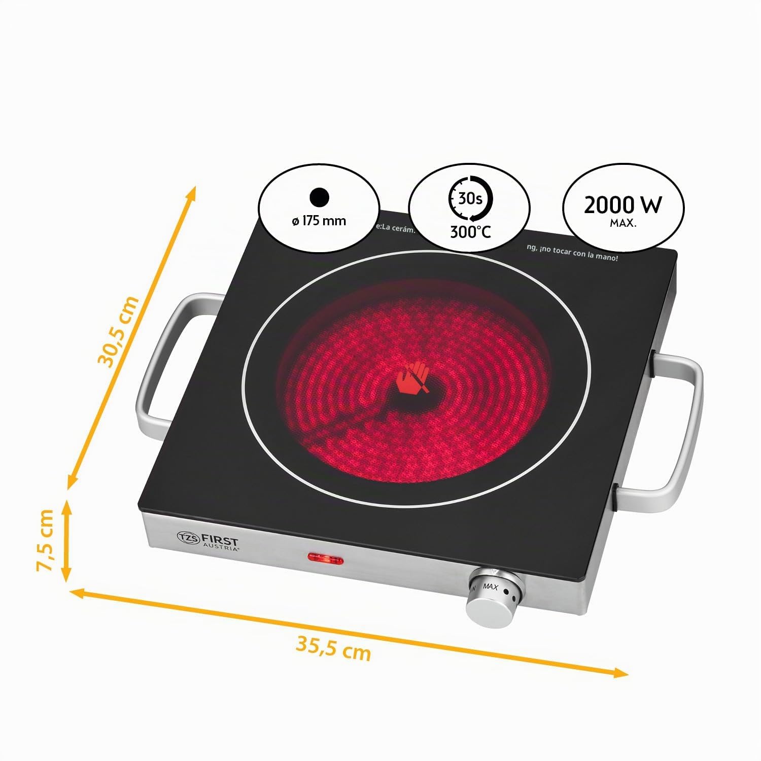 TZS First Austria placa vitrocerámica infrarrojos | Compatible con todo tipo de ollas | Placa 17,5 cm | Calentamiento rápido, regulación continua, luz indicadora | Camping, mudanza, apartamento