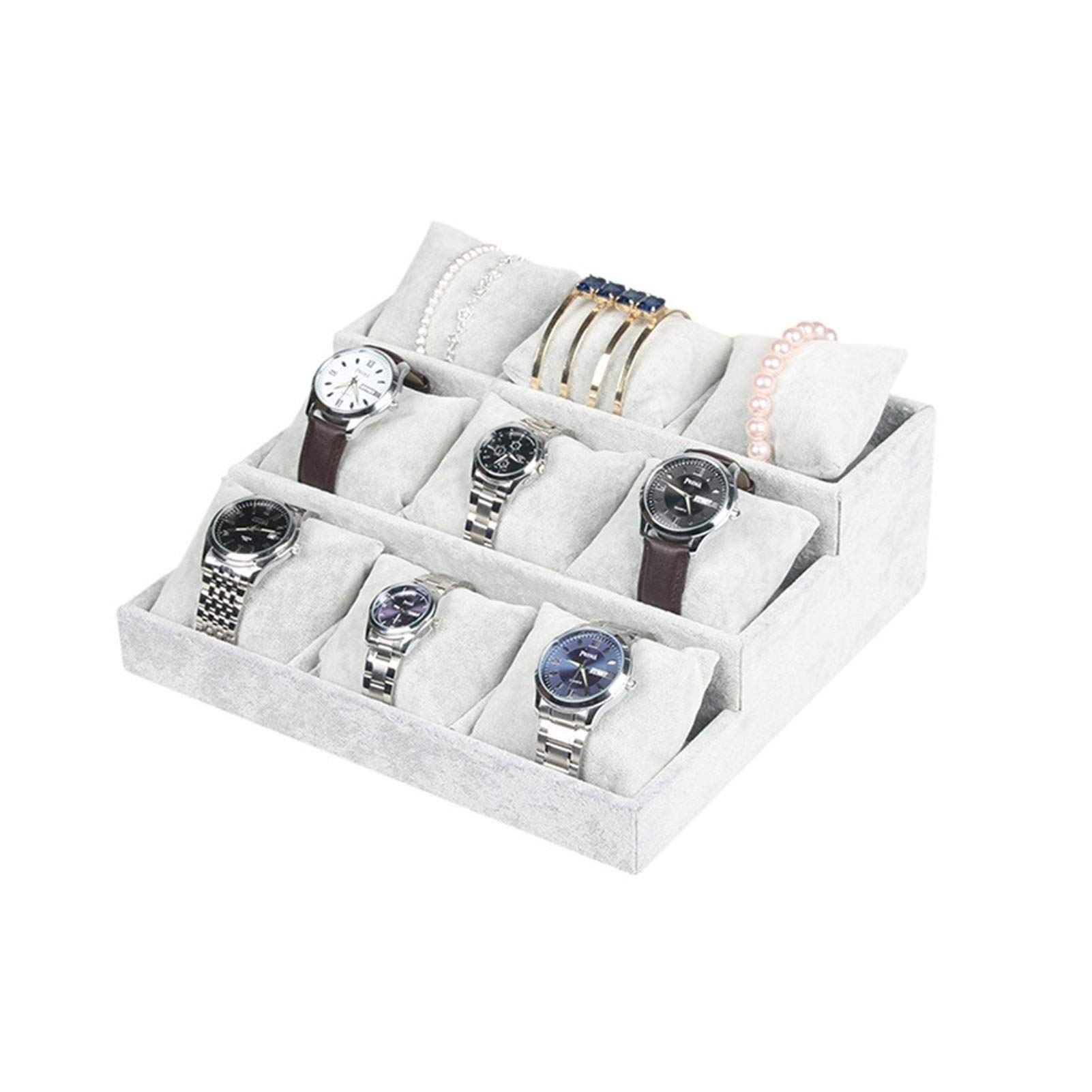 Uhrenbox, 3-stufiger Uhren-Organizer für die Vitrine, Schublade, 9 Fächer, Aufbewahrung von Schmuck, Ständer, Vitrine, Schmuckaufbewahrung, Theke, Uhrenetui aus Eisvliesstoff (Farbe: Grauer Eissamt)
