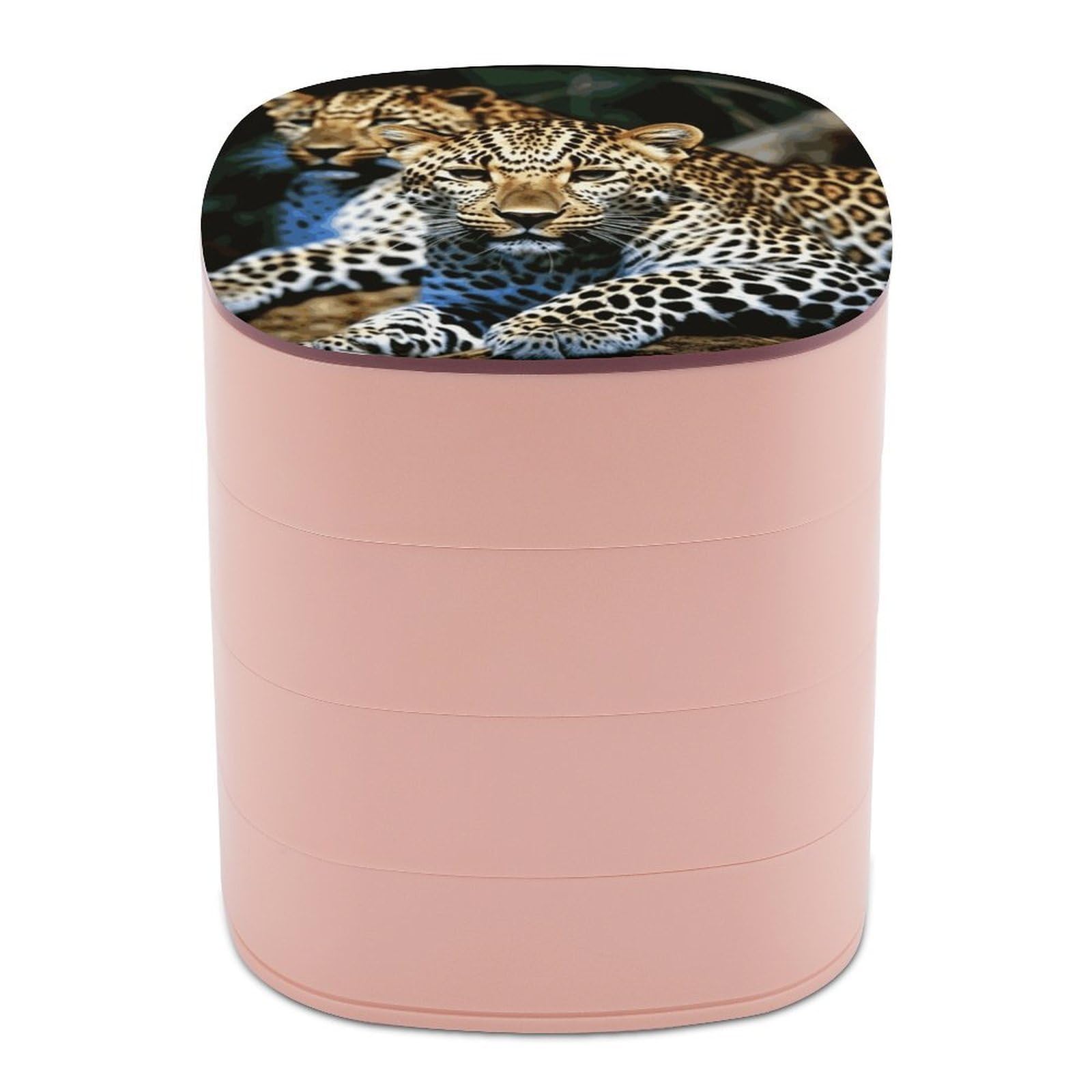 JTREHY LeopardJewelry Box 4-Layer Rotating Stronge Boxs Round Travel Jewelry Case with Lid for Bracelets Rings Bracelets, Gift for Women