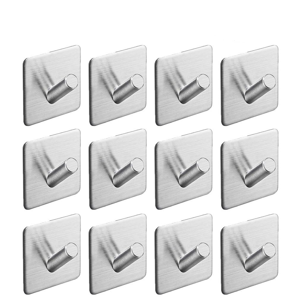 DXTFDHB Self Adhesive Hooks, Kitchen Bathrooms Towel Hooks, Wall Stainless Steel for Robe, Coat, Towel, Keys, Bags Heavy Duty Hook (Pack Of 12)(Silver2)