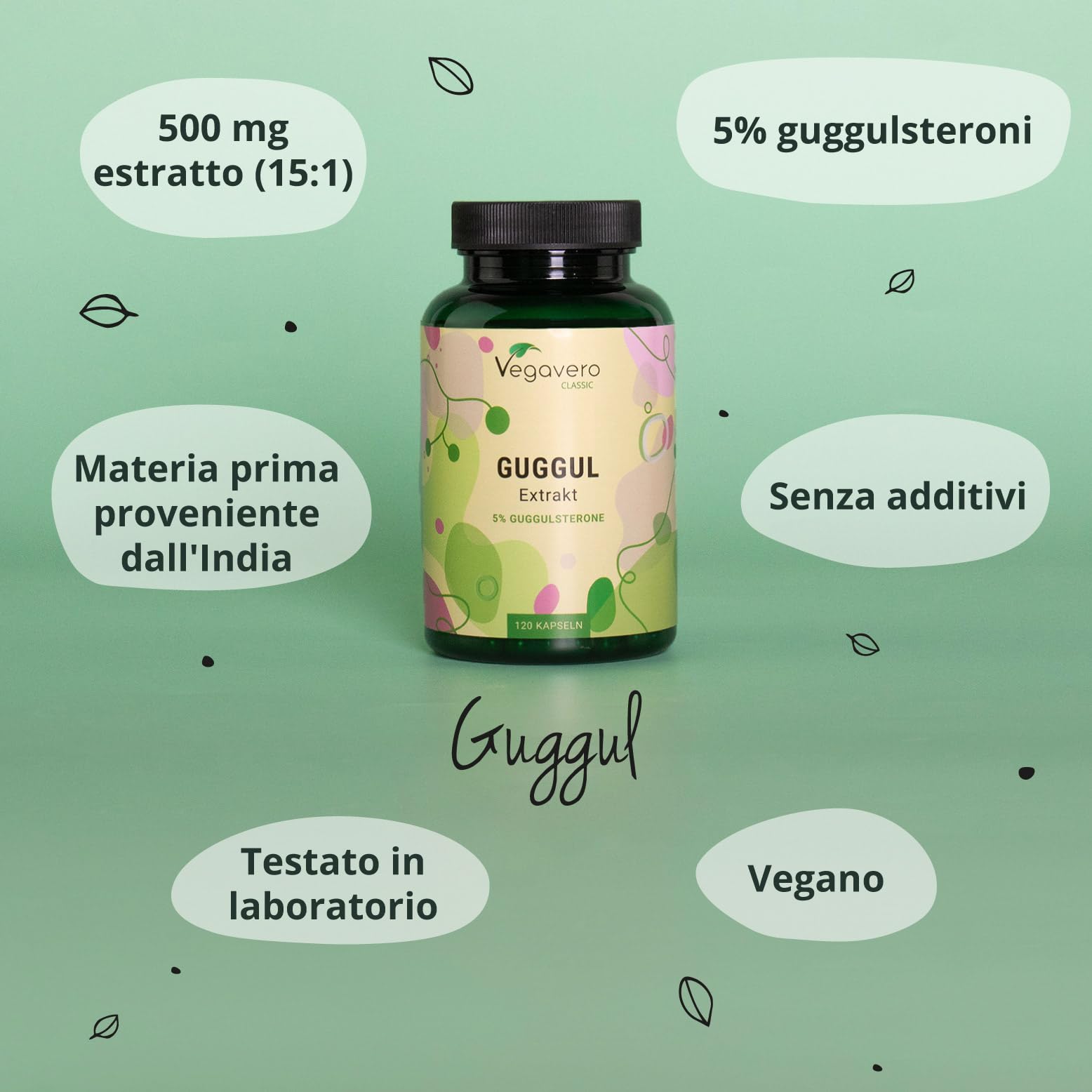 GUGGUL Vegavero® | 7.500 mg (15:1) | 120 capsule | con 5% di Guggulsteroni | Resina di Mirra | Medicina Ayurveda | Vegan