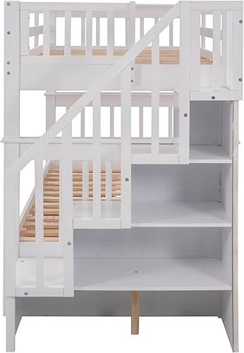 Miniatura 48 de Merax Litera de escalera individual sobre matrimonial con nido, escalera de almacenamiento y barandilla de longitud completa, litera de