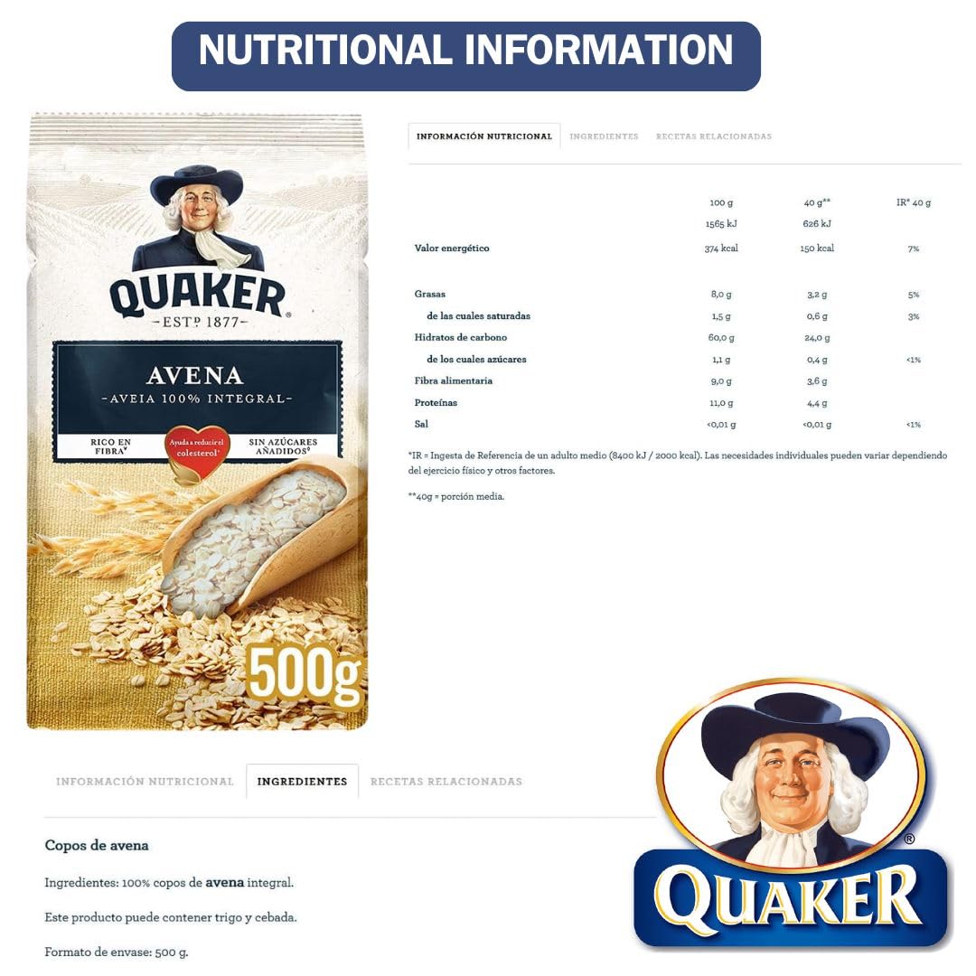 Quaker Hojuelas de Avena 100% Natural 500g x 8 Unidades | Caja Ahorro | Alta en Fibra | Ideal para Desayunos Saludables