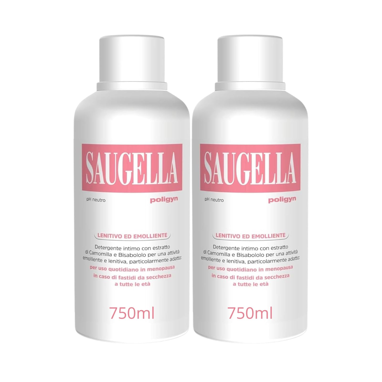 Saugella Poligyn, Detergente Intimo Emolliente Antiprurito, pH Neutro, con Camomilla e Acido Lattico, Adatto in Menopausa, 2 Detergenti da 750 ml