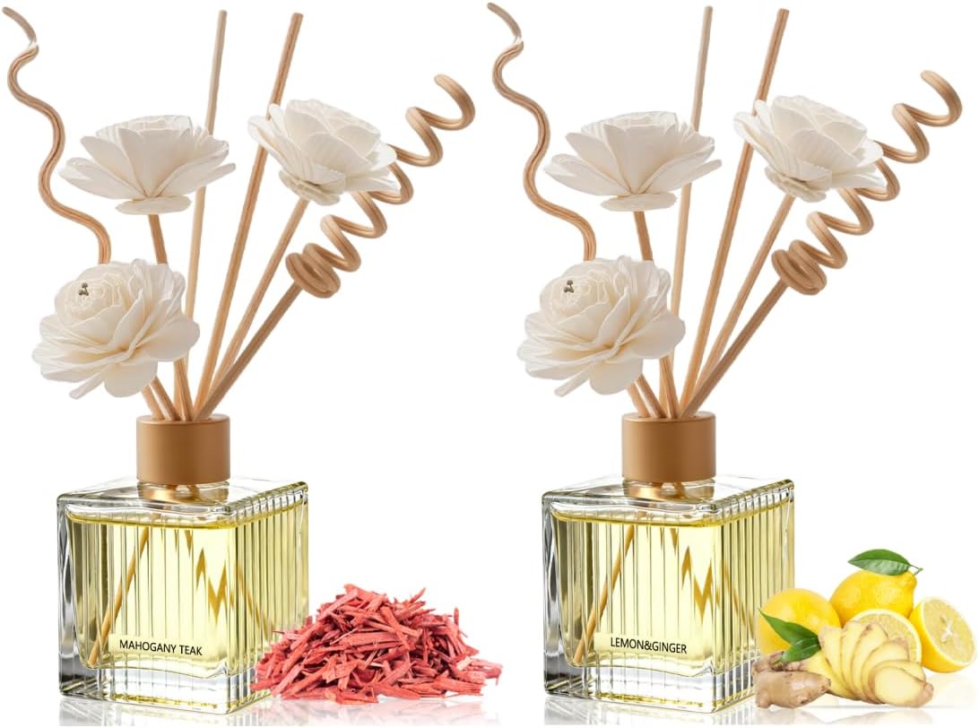 Mahogany Teak & Lemon Ginger Reed Diffuser Set - 2 Pack, 200ml Glass Bottles with Natural Rattan Sticks | Warm Woods & Uplifting Citrus Scents for Home & Office