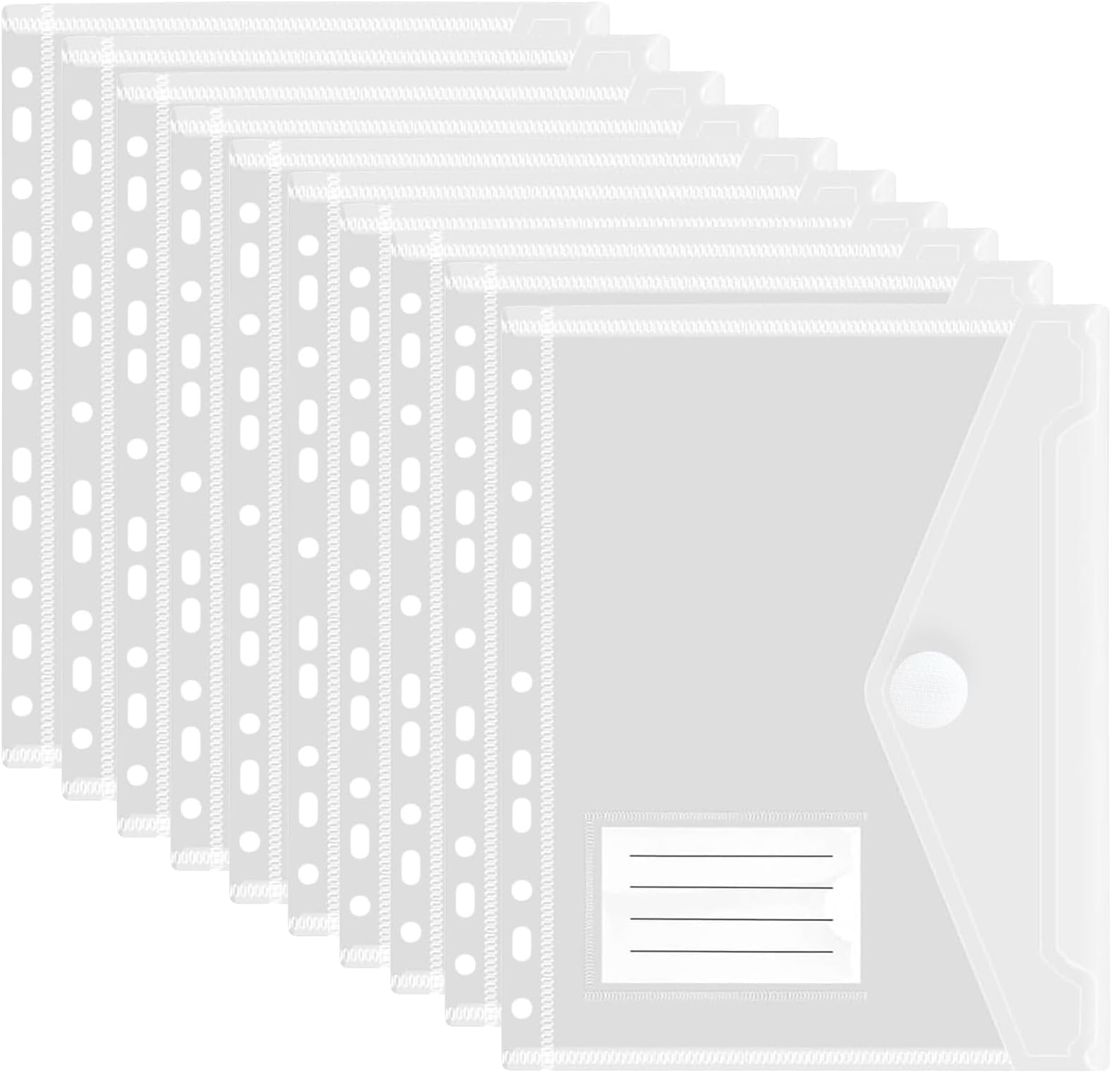 10 Pack Plastic Wallets A4 Punched Pockets, 11 Holes Expandable Binder Folders Plastic File Jackets Document Folders with Hook and Loop Closure, Label Pocket for Home, Office and School (Clear)