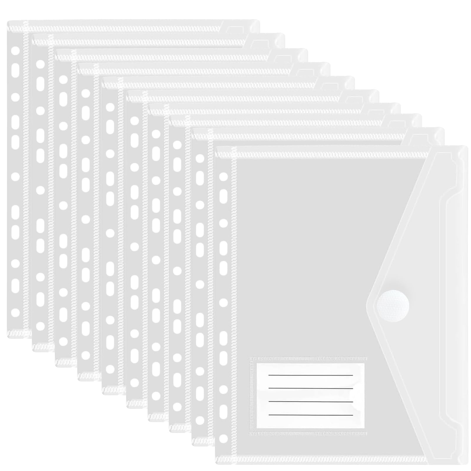10 Pack Plastic Wallets A4 Punched Pockets, 11 Holes Expandable Binder Folders Plastic File Jackets Document Folders with Hook and Loop Closure, Label Pocket for Home, Office and School (Clear)